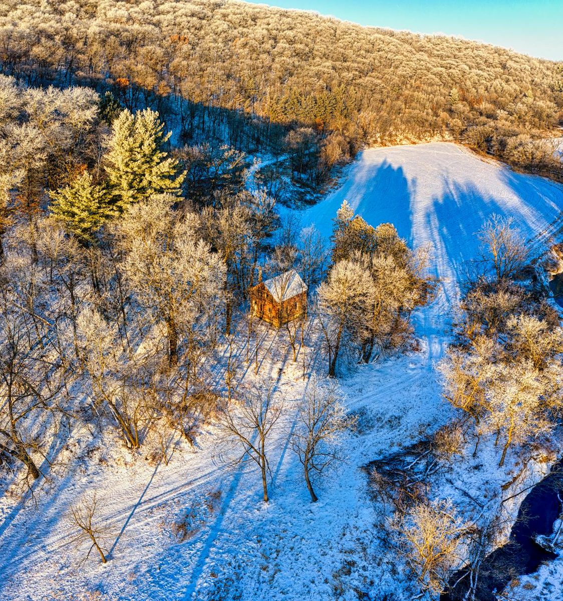 Aerial view of a Northwoods Wisconsin lakefront in winter